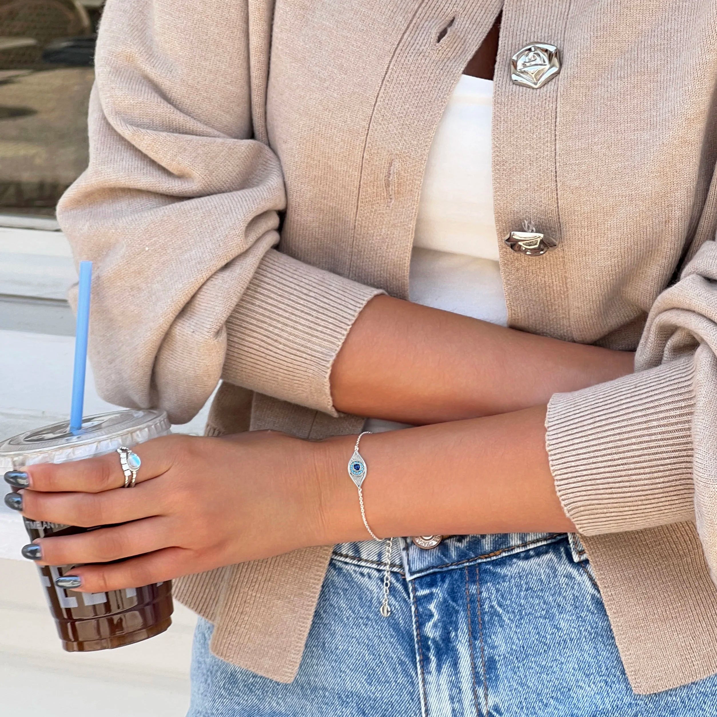 Womens Silver Evil Eye Link Bracelets 2