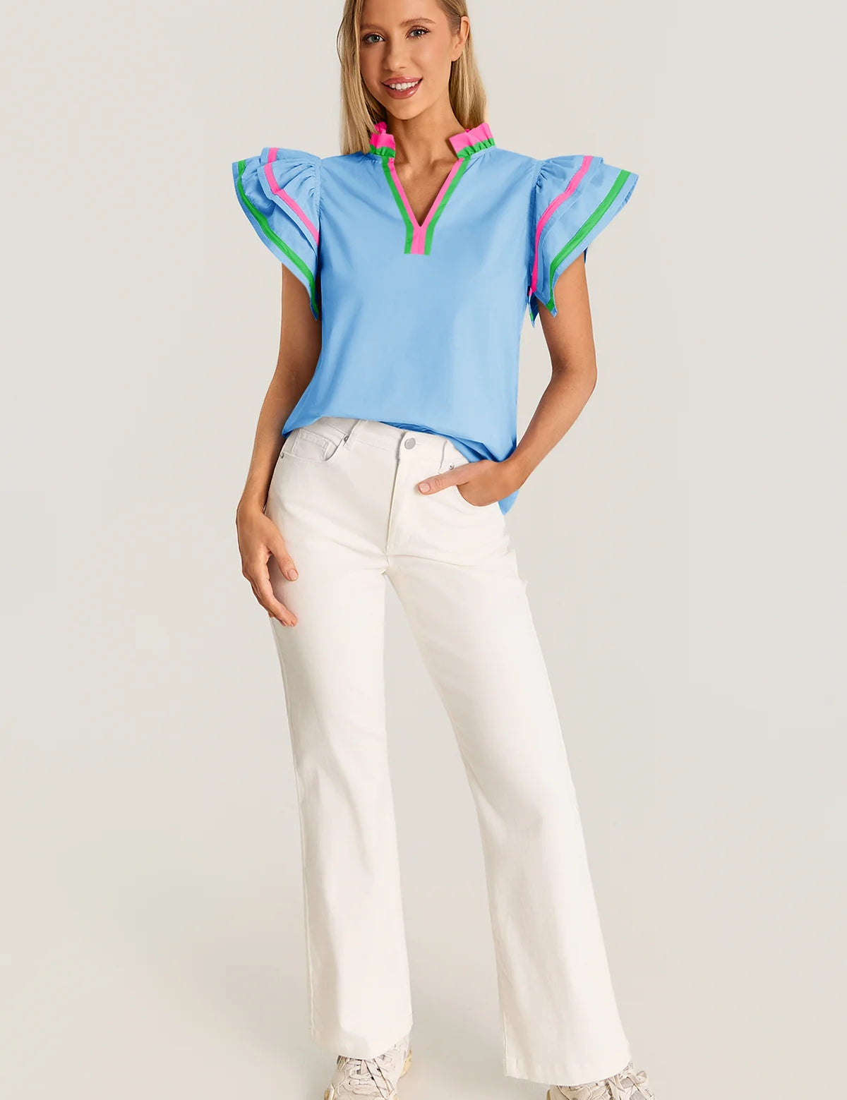 Womens Sky Blue Color Block Blouses 2
