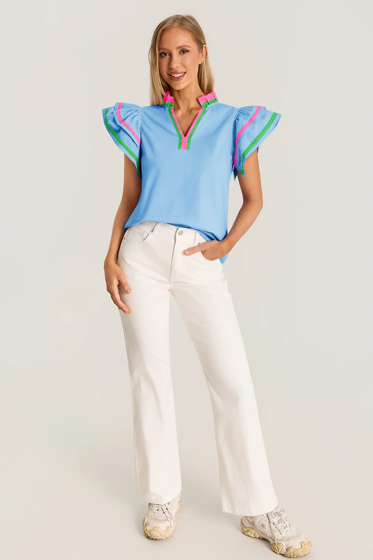 Womens Sky Blue Color Block Blouses 2