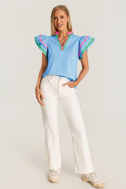 Womens Sky Blue Color Block Blouses 2