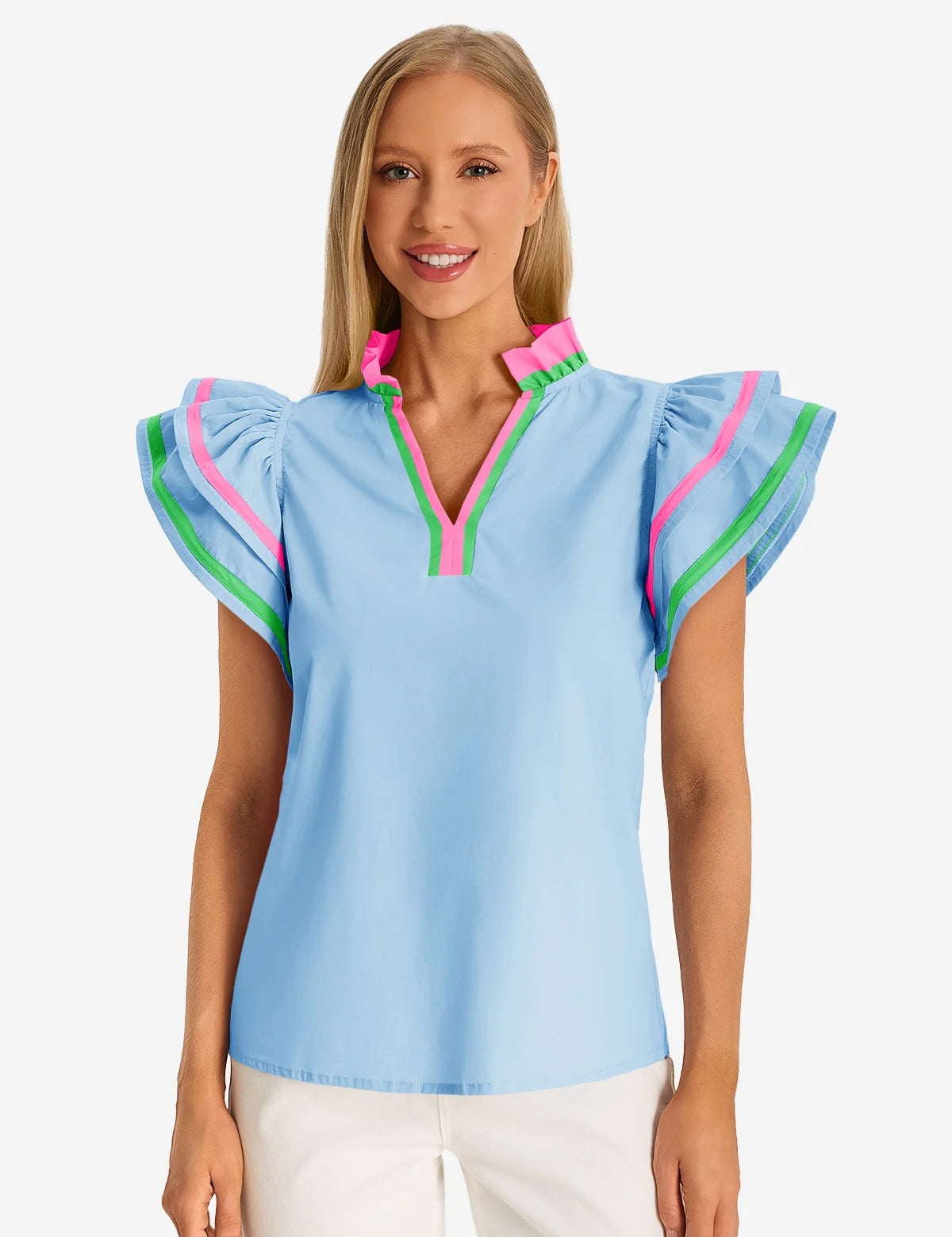 Womens Sky Blue Color Block Blouses 1
