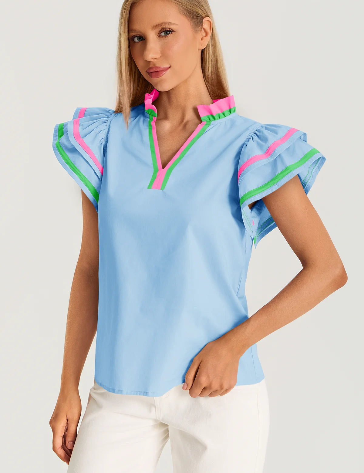 Womens Sky Blue Color Block Blouses 3