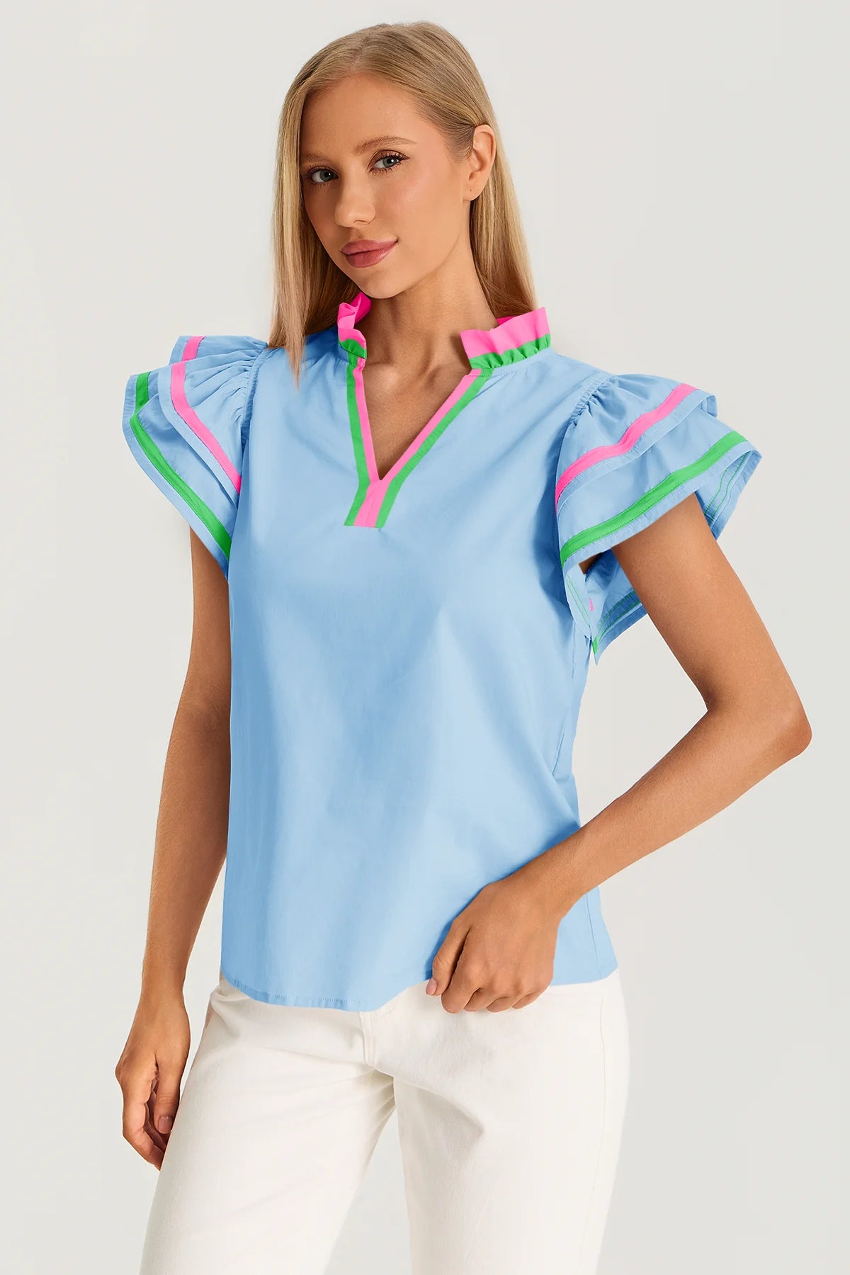 Womens Sky Blue Color Block Blouses 3