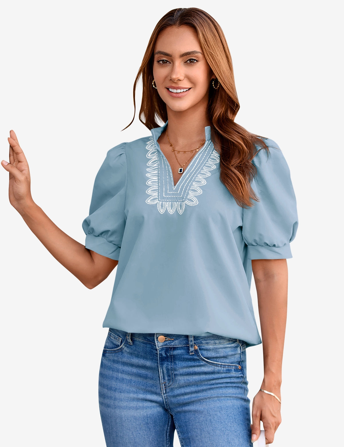 Womens Sky Blue Puff Short Sleeve Blouses 1