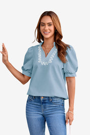 Womens Sky Blue Puff Short Sleeve Blouses 1