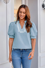 Womens Sky Blue Puff Short Sleeve Blouses 2