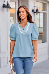 Womens Sky Blue Puff Short Sleeve Blouses 3