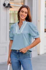 Womens Sky Blue Puff Short Sleeve Blouses | CicyBell