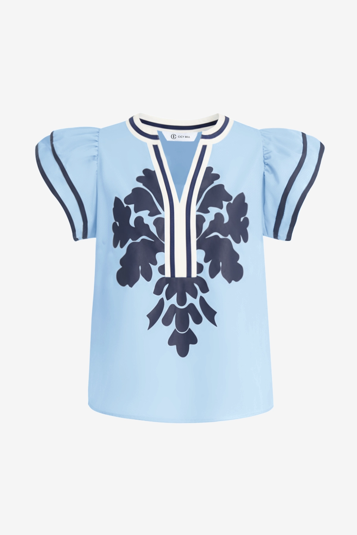 Womens Sky Blue Ruffle Blouses | CicyBell