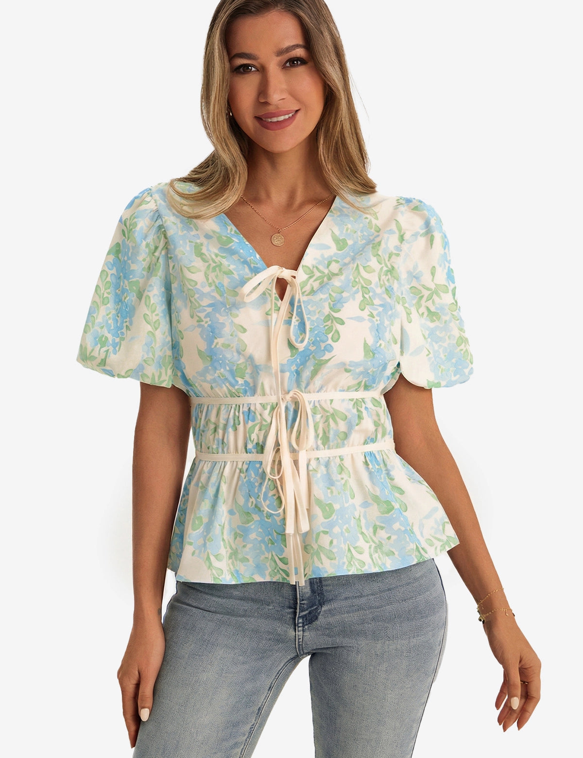 Womens Sky Blue Puff Sleeve Floral Print Blouses 1