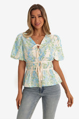 Womens Sky Blue Puff Sleeve Floral Print Blouses 1