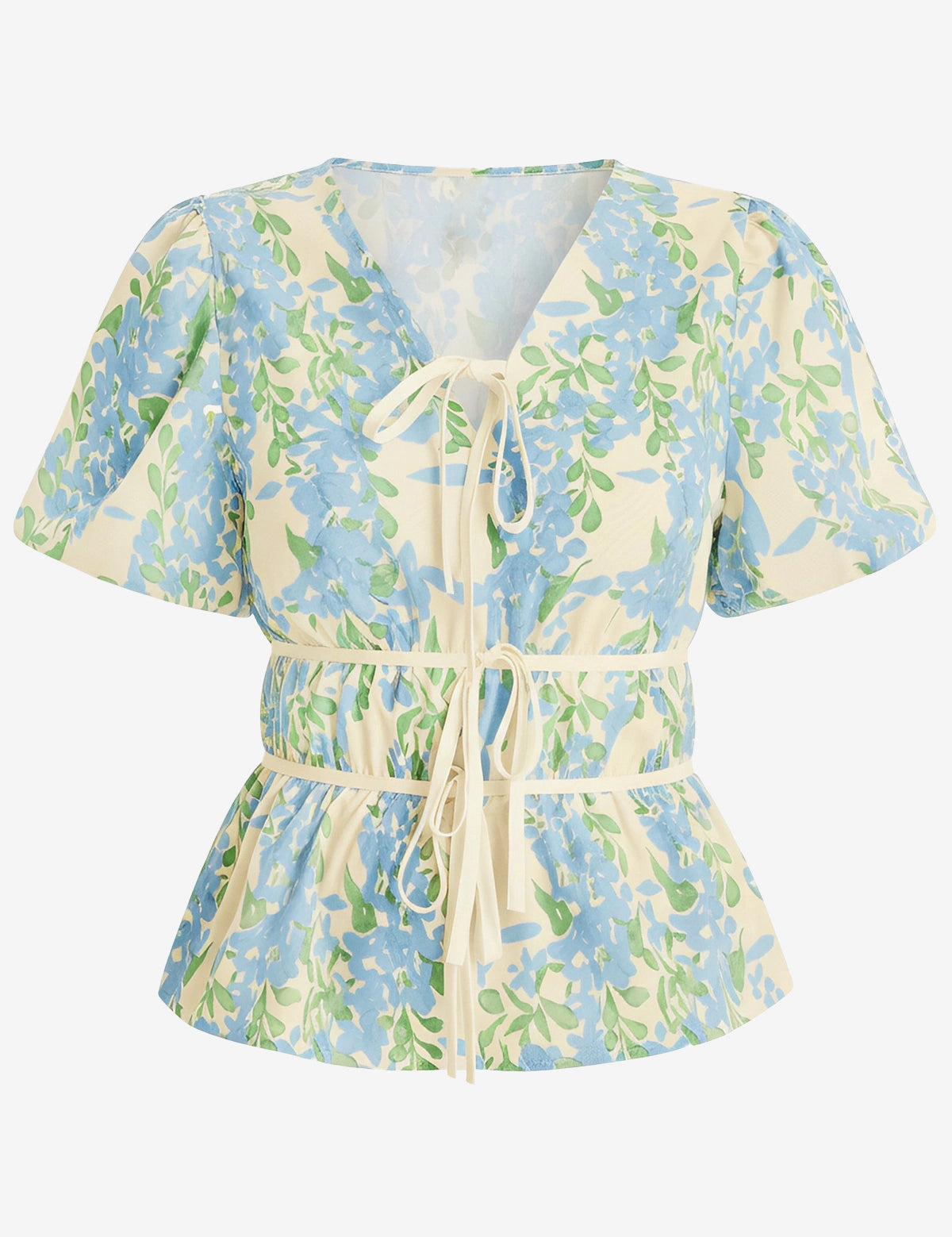 Womens Sky Blue Puff Sleeve Floral Print Blouses 2
