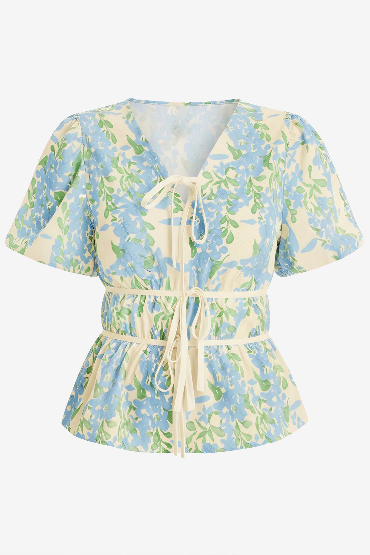 Womens Sky Blue Puff Sleeve Floral Print Blouses 2