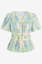 Womens Sky Blue Puff Sleeve Floral Print Blouses 2