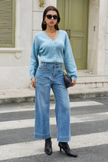 Womens Sky Blue Cropped High Waisted Baggy Jeans | CicyBell