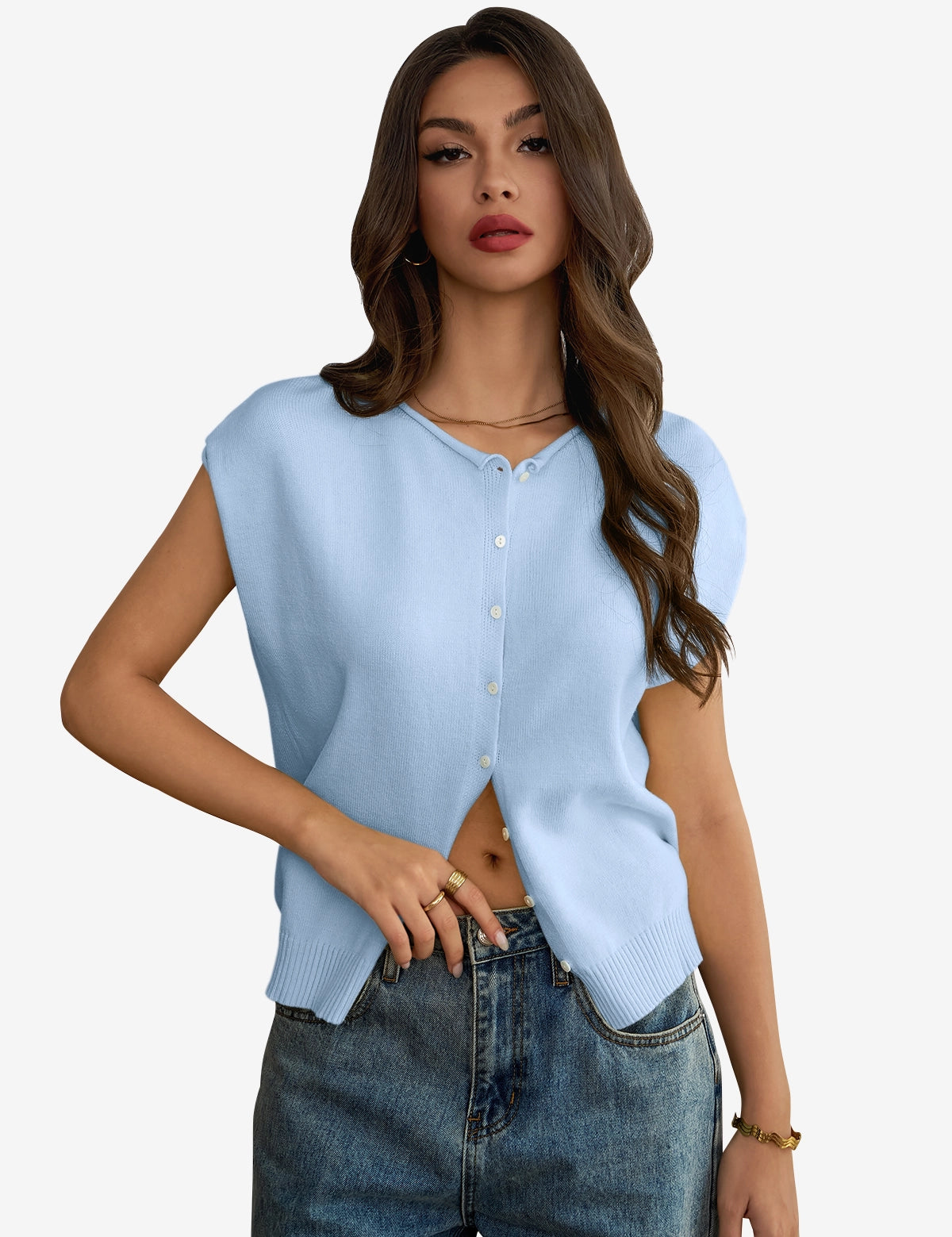 Womens Sky Blue Cap Sleeve Sweater Vest