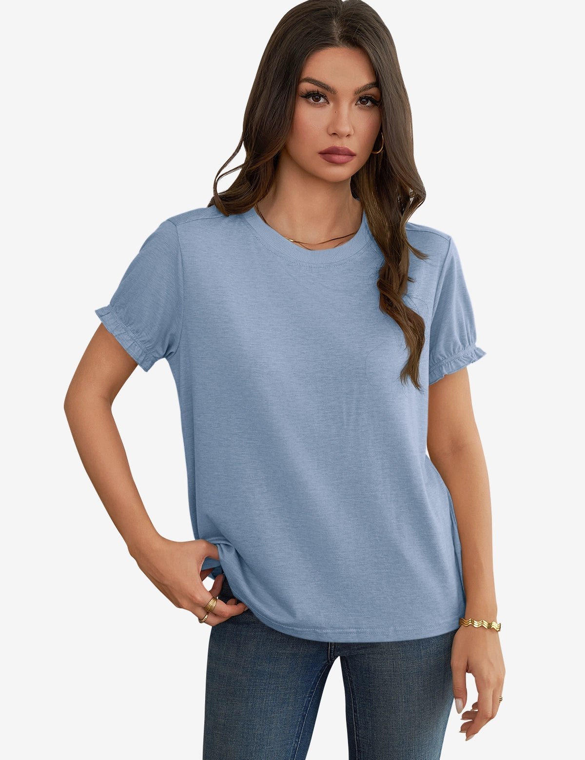 Womens Sky Blue Ruffle Short Sleeve T Shirt 1
