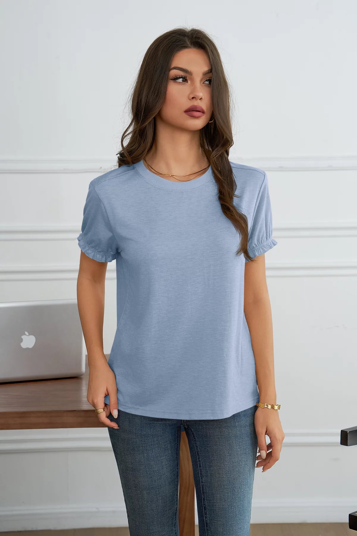 Womens Sky Blue Ruffle Short Sleeve T Shirt | CicyBell