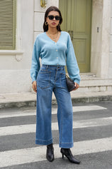 Womens Wash Blue Cropped High Waisted Baggy Jeans | CicyBell