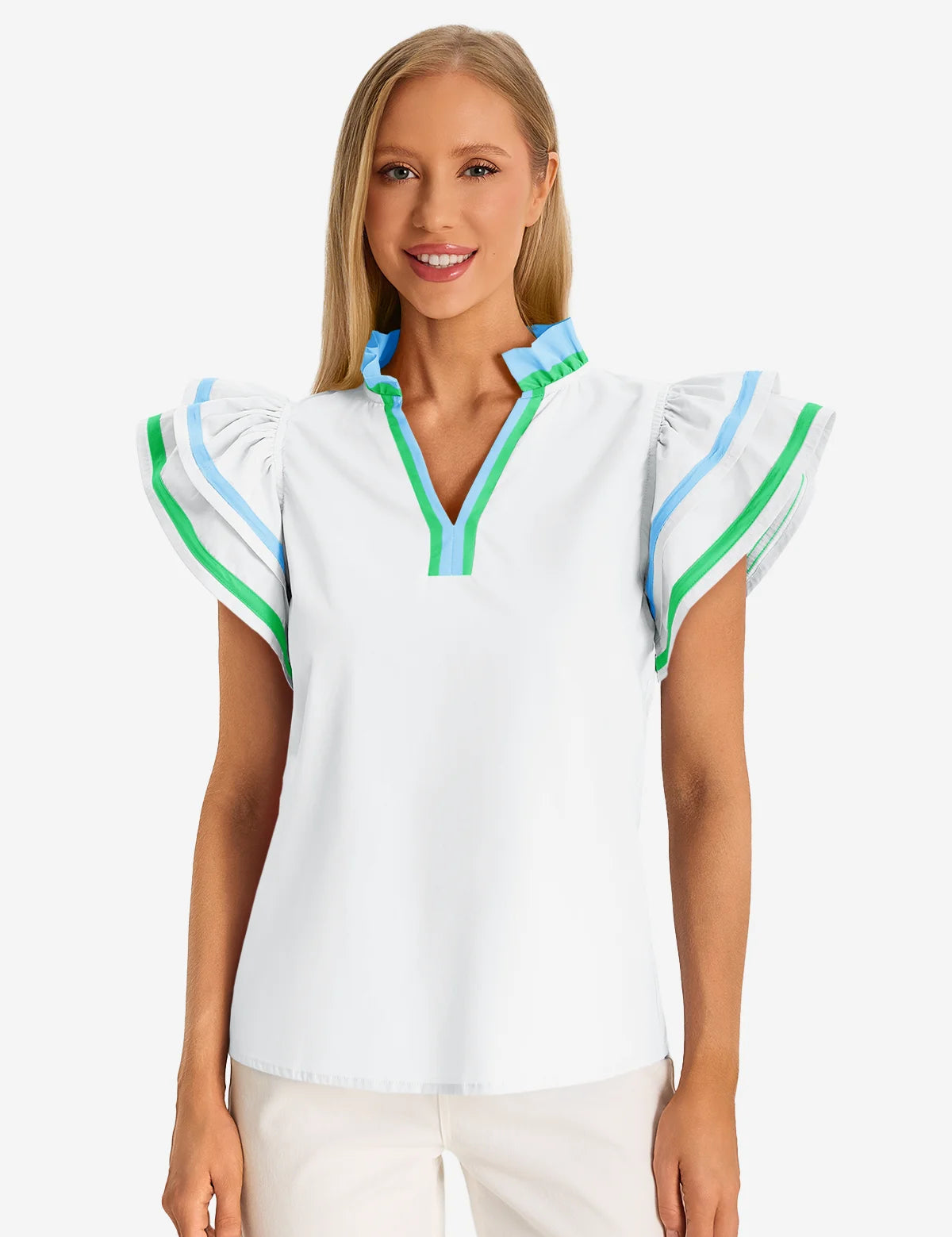 Womens White Color Block Blouses 1