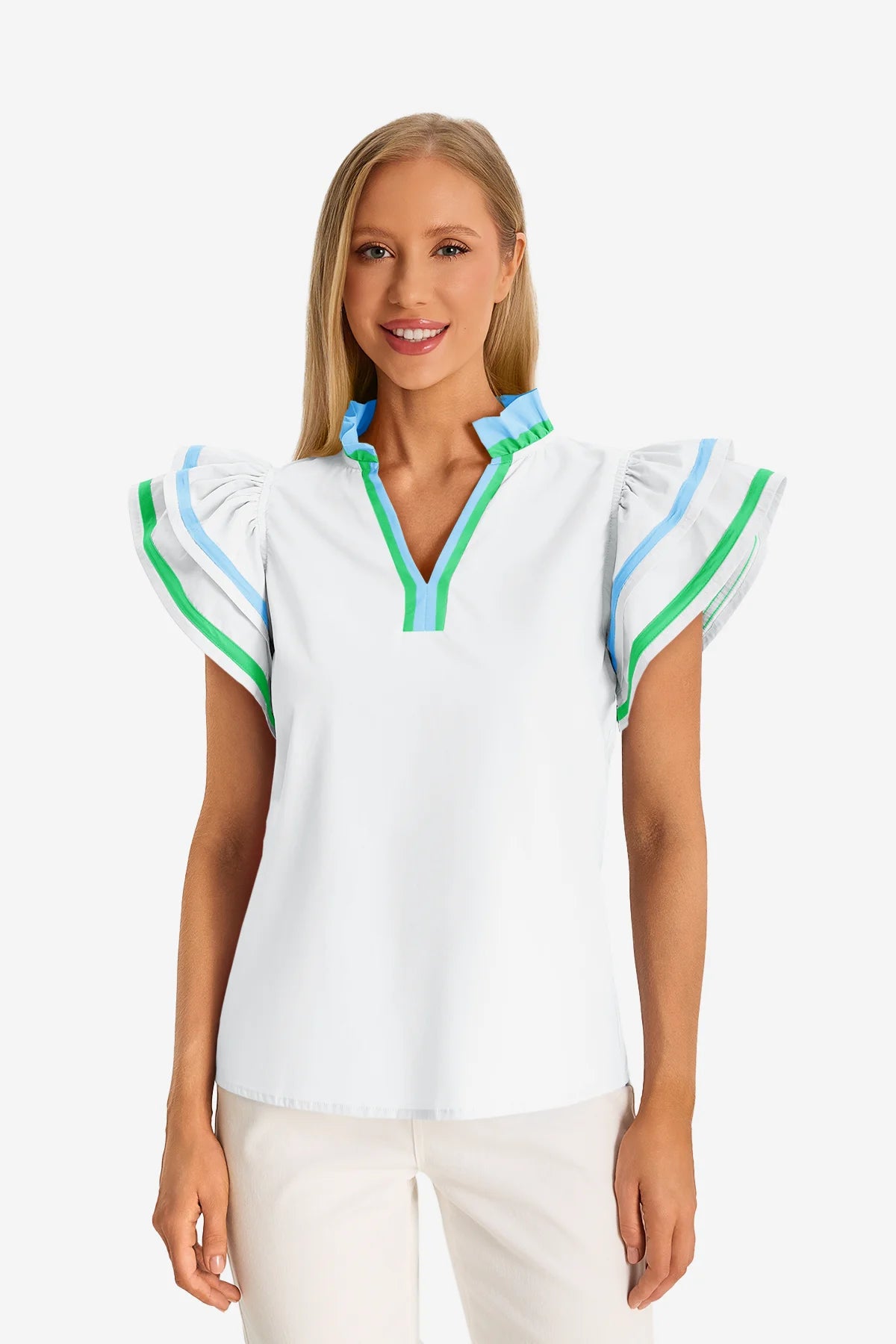 Womens White Color Block Blouses 1