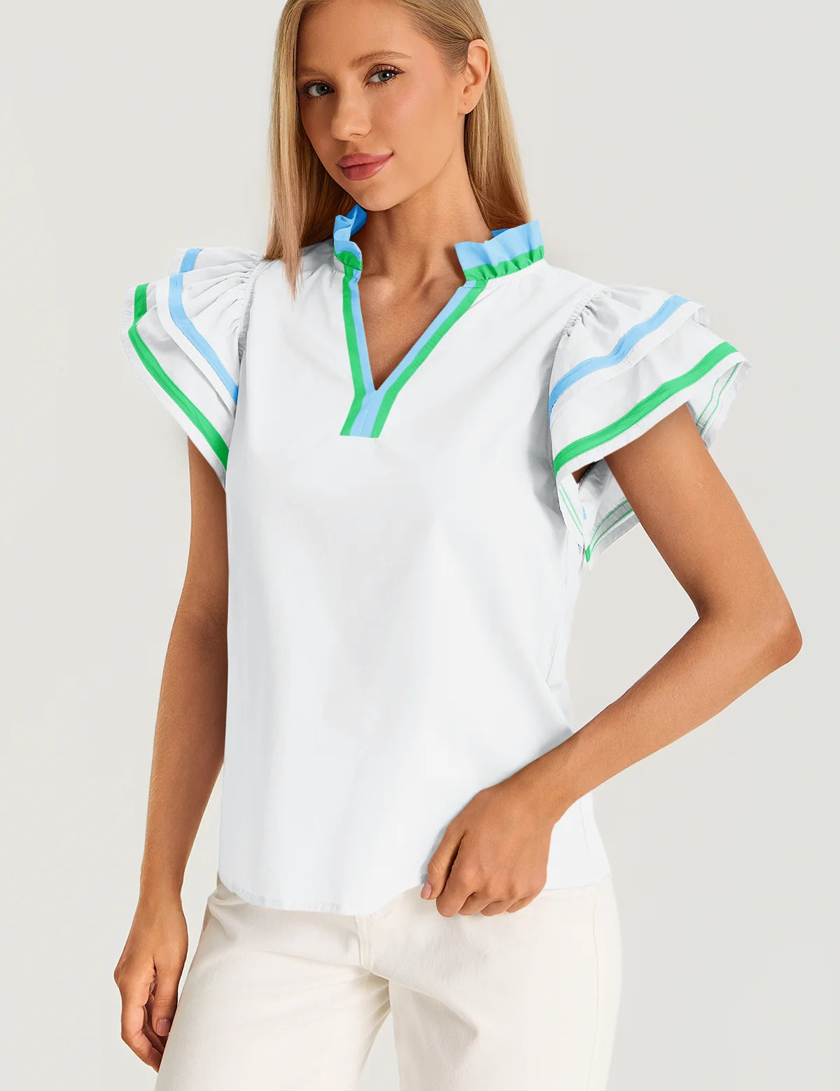 Womens White Color Block Blouses 3