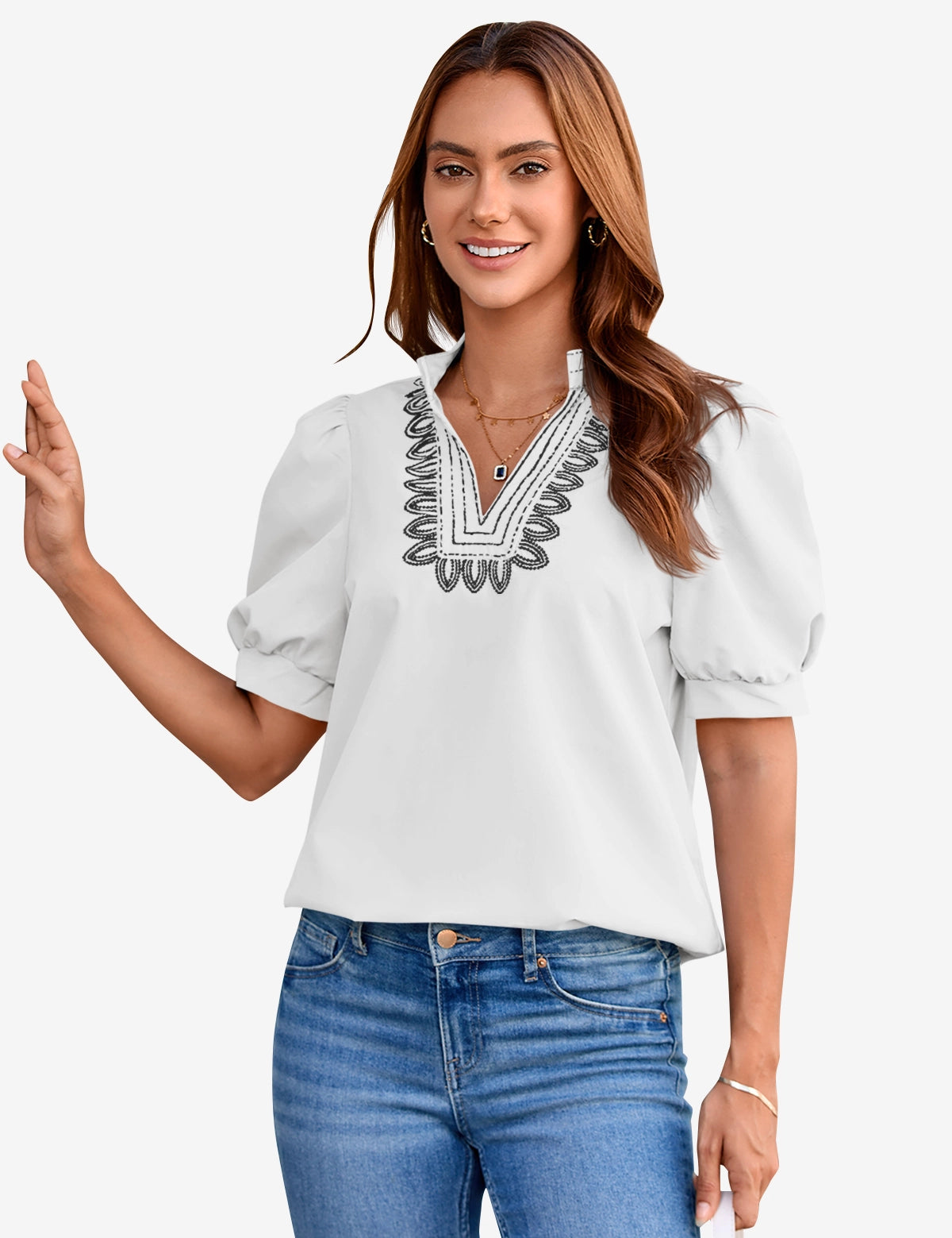 Womens White Puff Short Sleeve Blouses 1