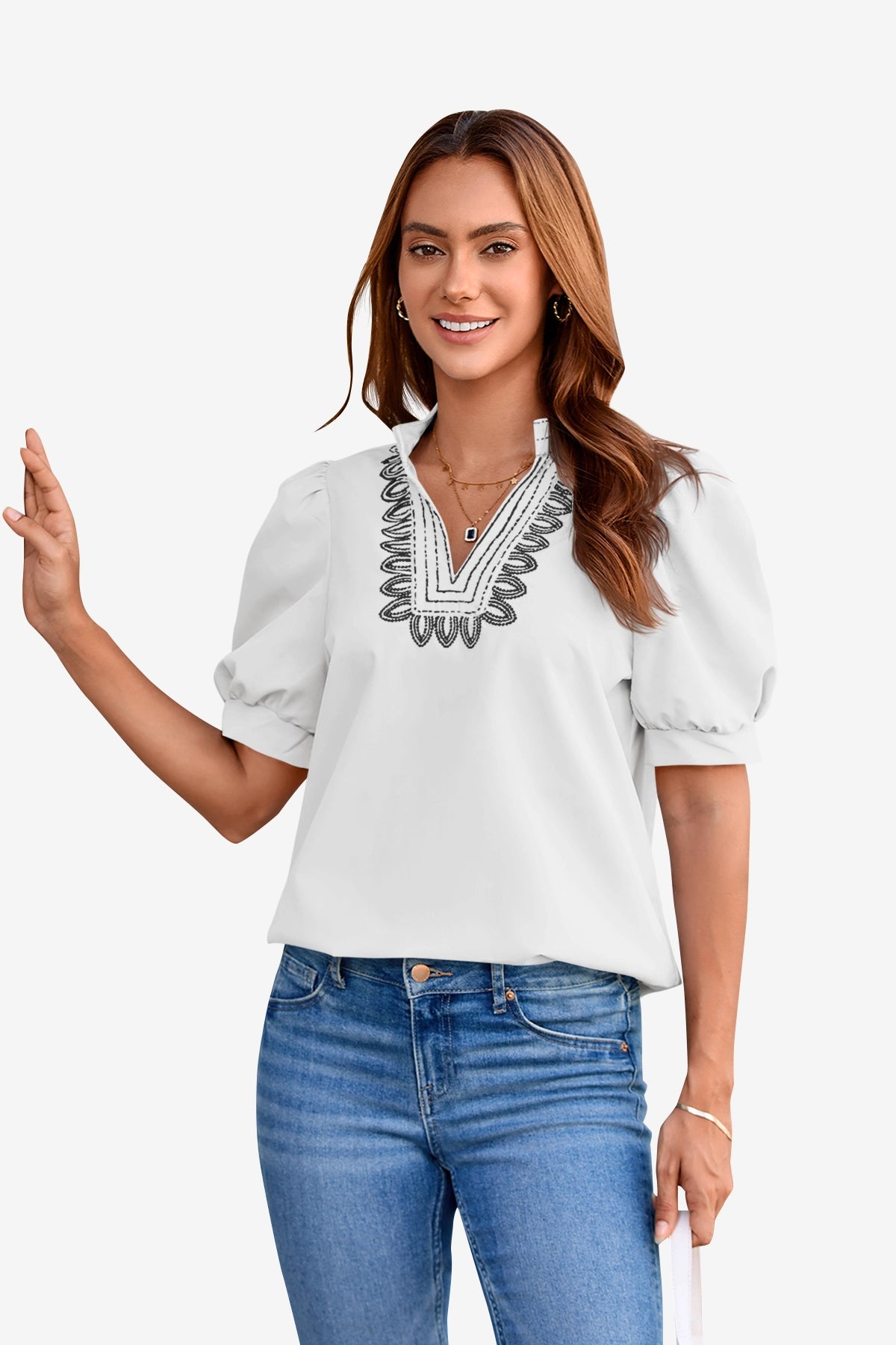Womens White Puff Short Sleeve Blouses 1