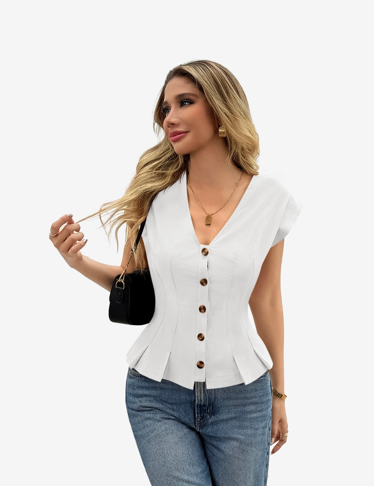 Womens White Deep V Neck Vest  1