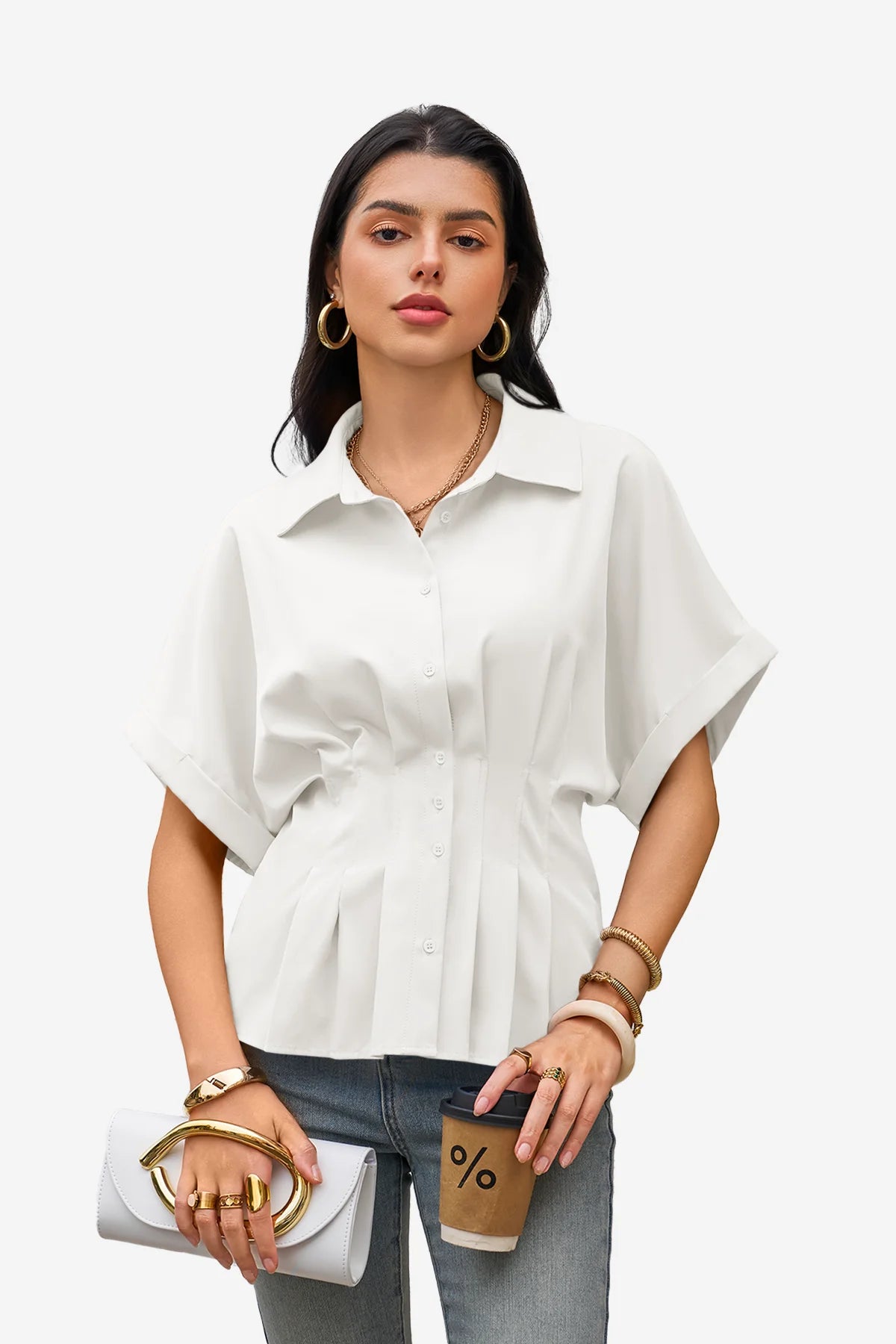 Womens White Pleated Button-Down Shirt 1