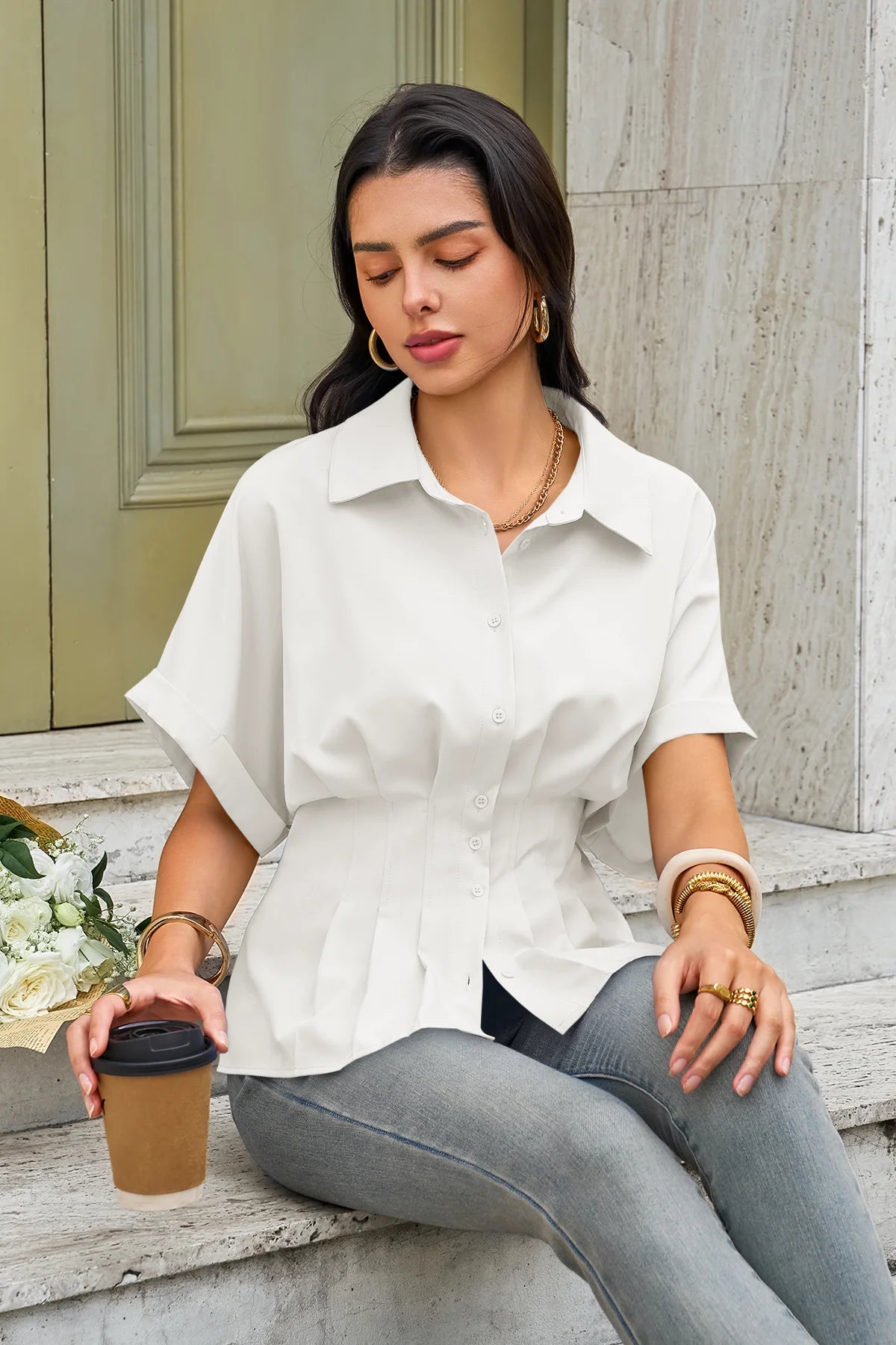 Womens White Pleated Button-Down Shirt 2