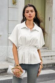 Womens White Pleated Button-Down Shirt 3