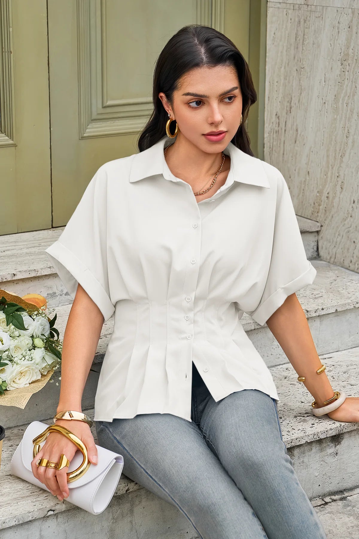 Cicy Bell Womens White Pleated Button-Down Shirt