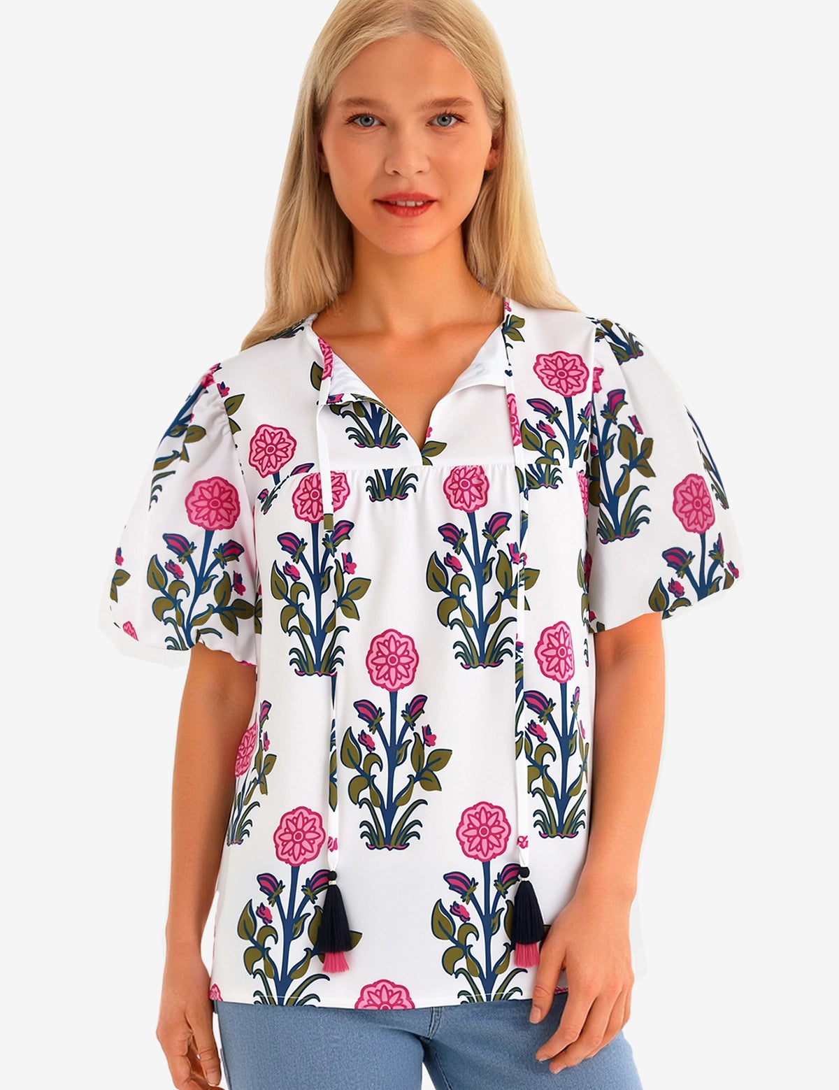 Womens White Boho Floral Blouses 1