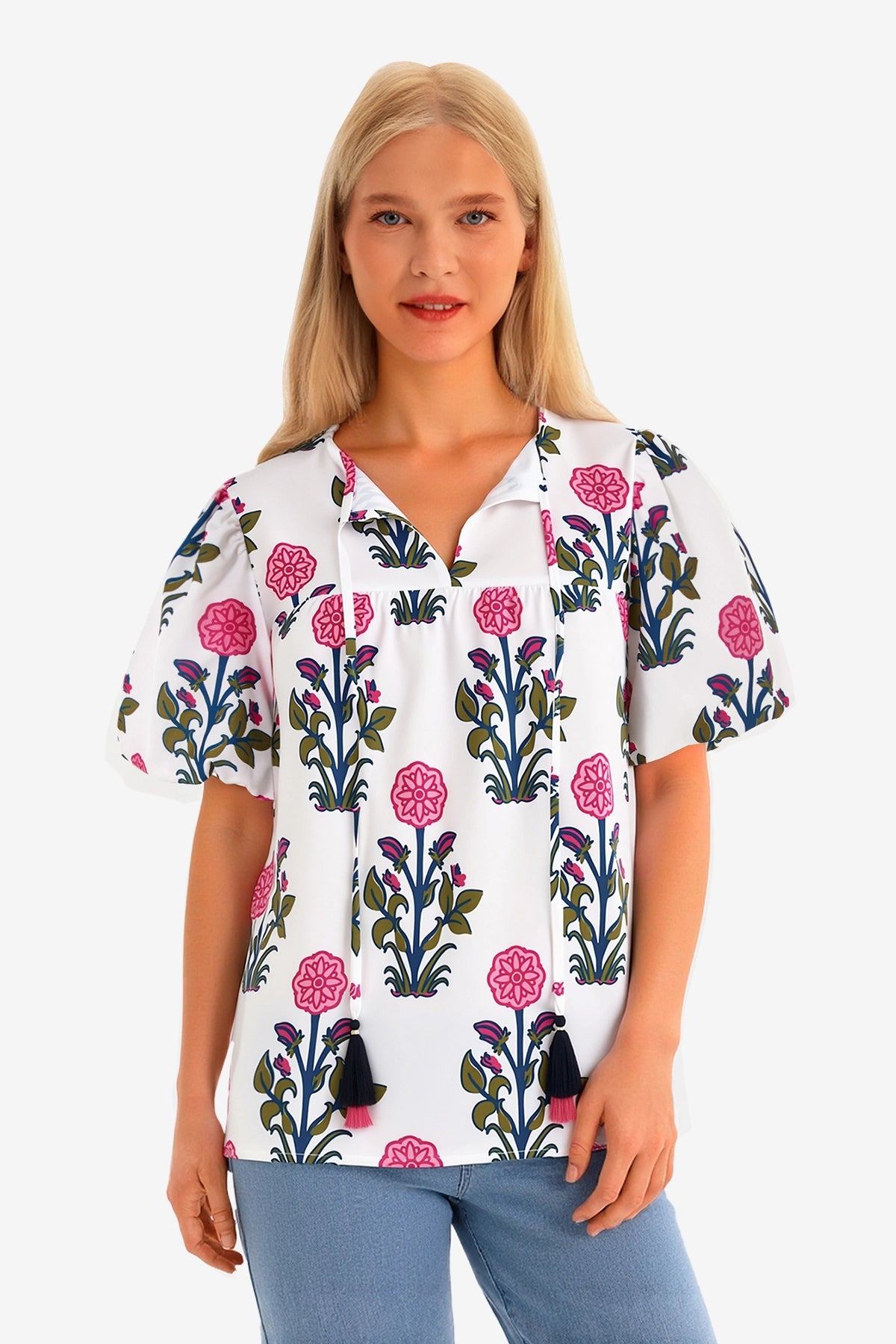 Womens White Boho Floral Blouses 1