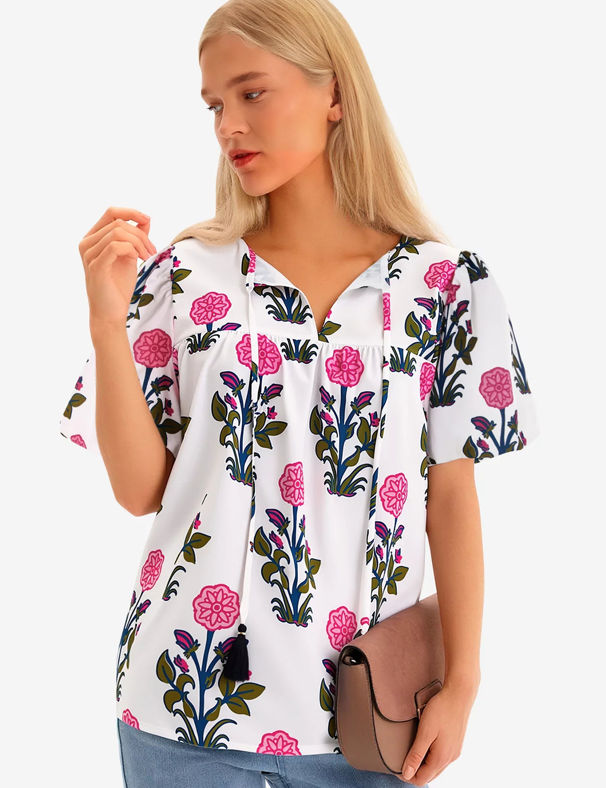 Womens White Boho Floral Blouses 3