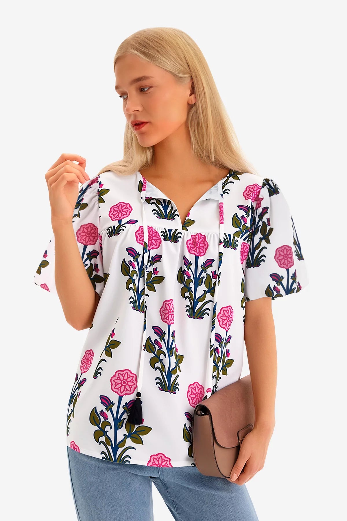 Womens White Boho Floral Blouses 3