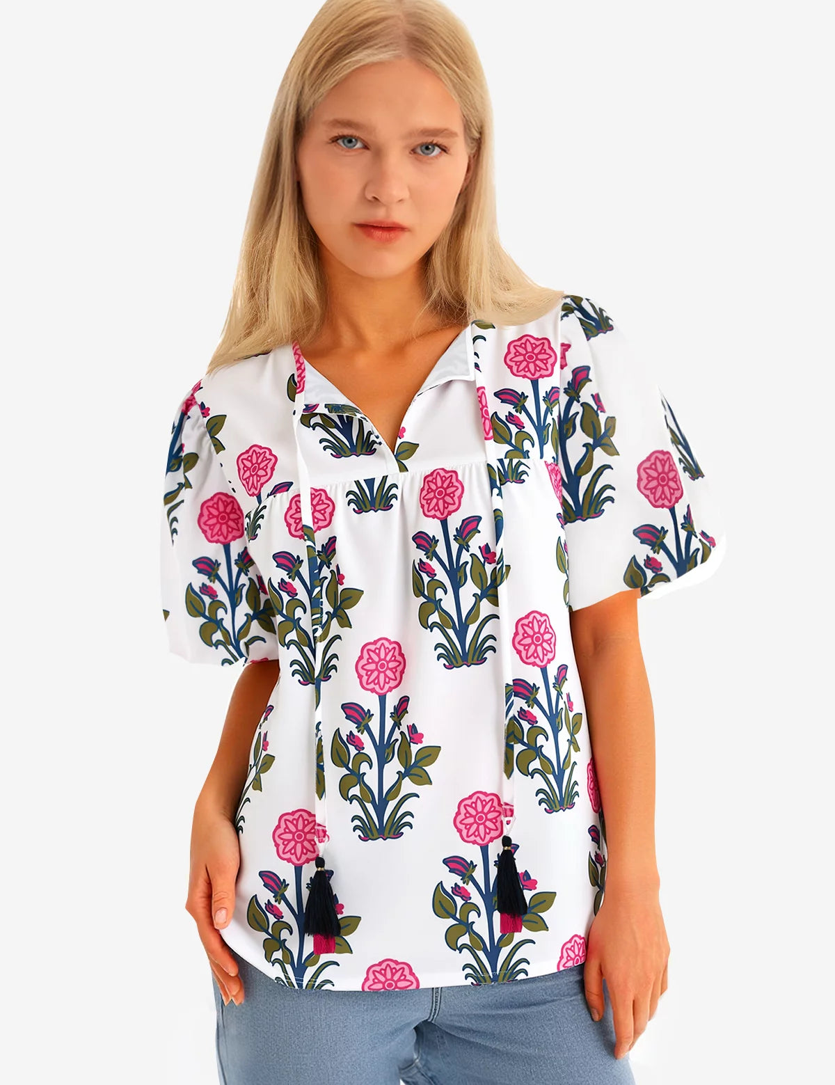 Womens White Boho Floral Blouses 2