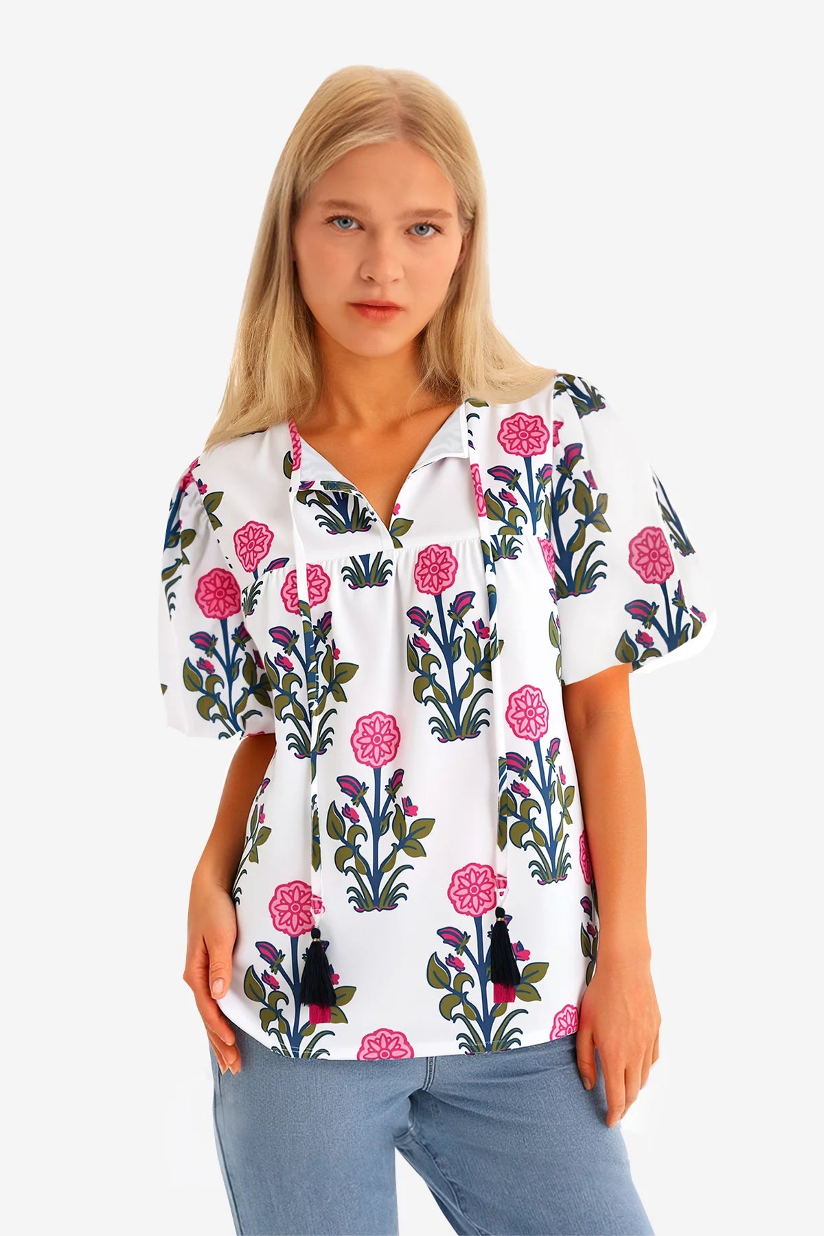 Womens White Boho Floral Blouses 2