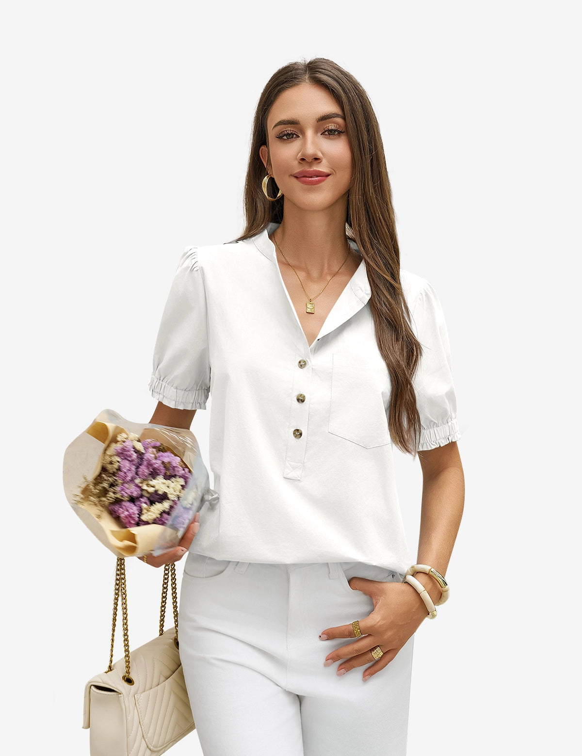 Womens White Puff Short Sleeve Blouses 1
