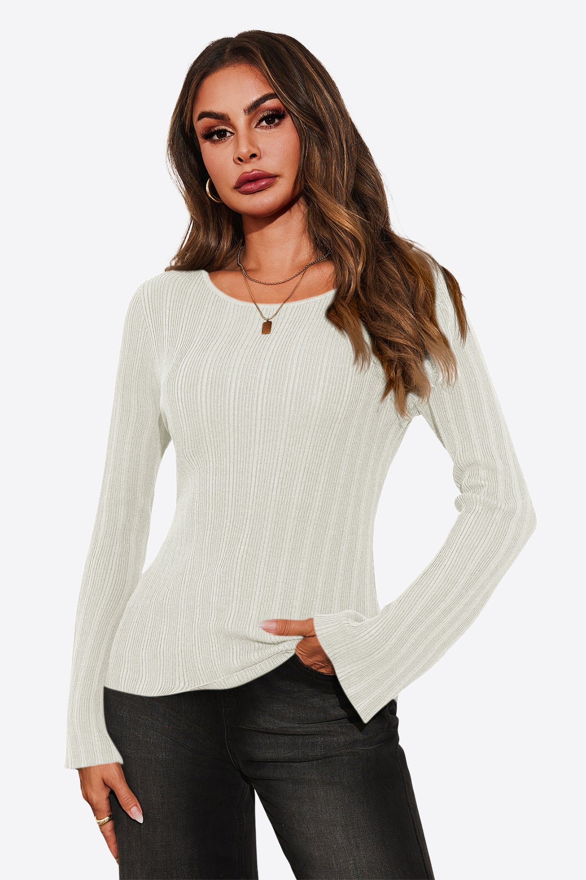 Womens White Long Sleeve Knit Tops 1