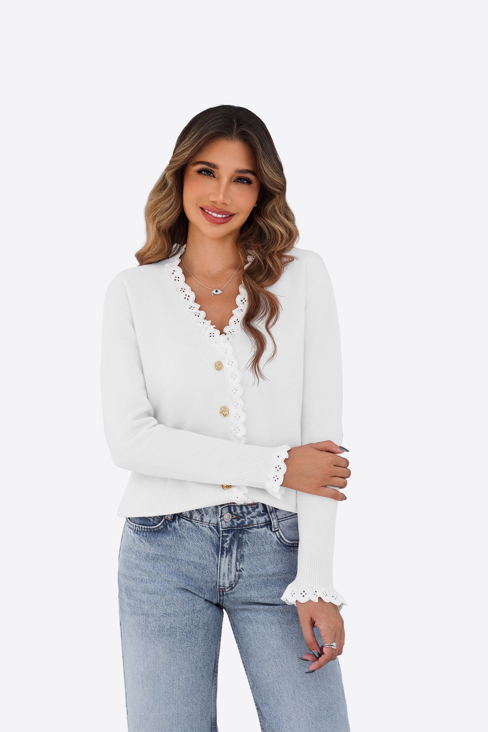 Womens White  Lace V Neck Sweaters 1