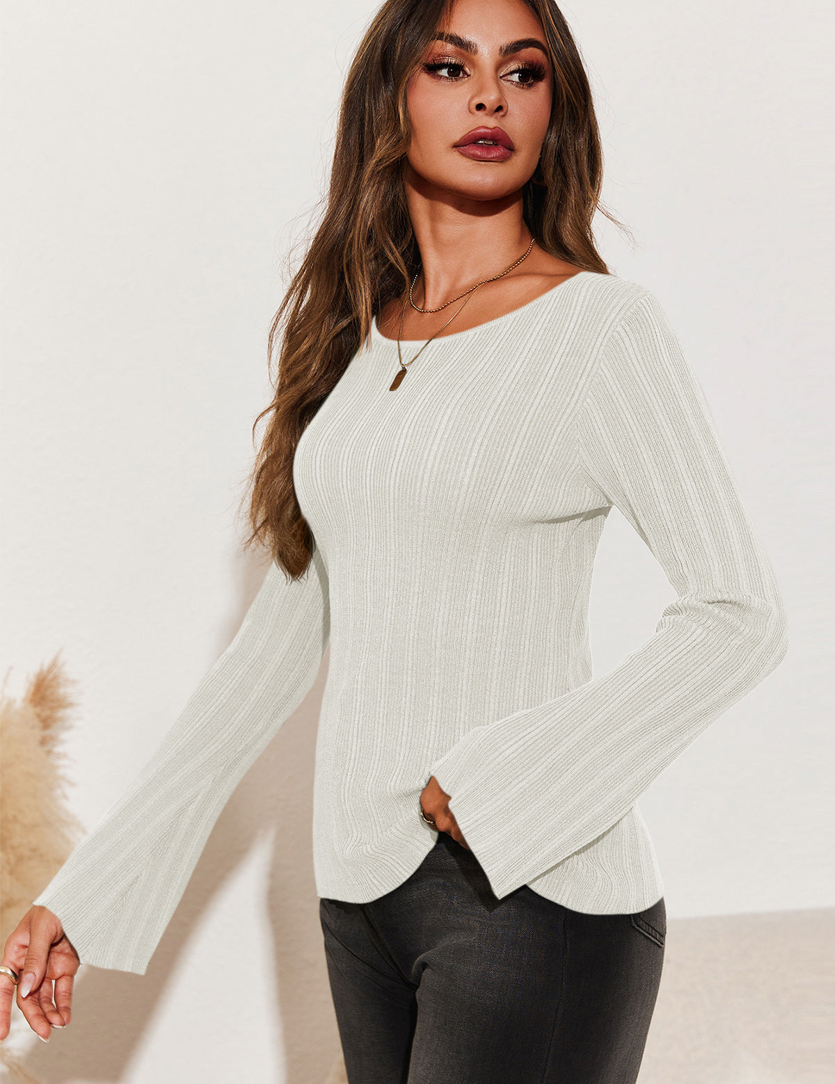 Womens White Long Sleeve Knit Tops 2