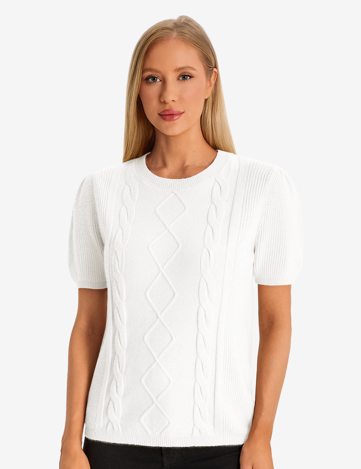 Womens White Puff Short Sleeve Sweater 1