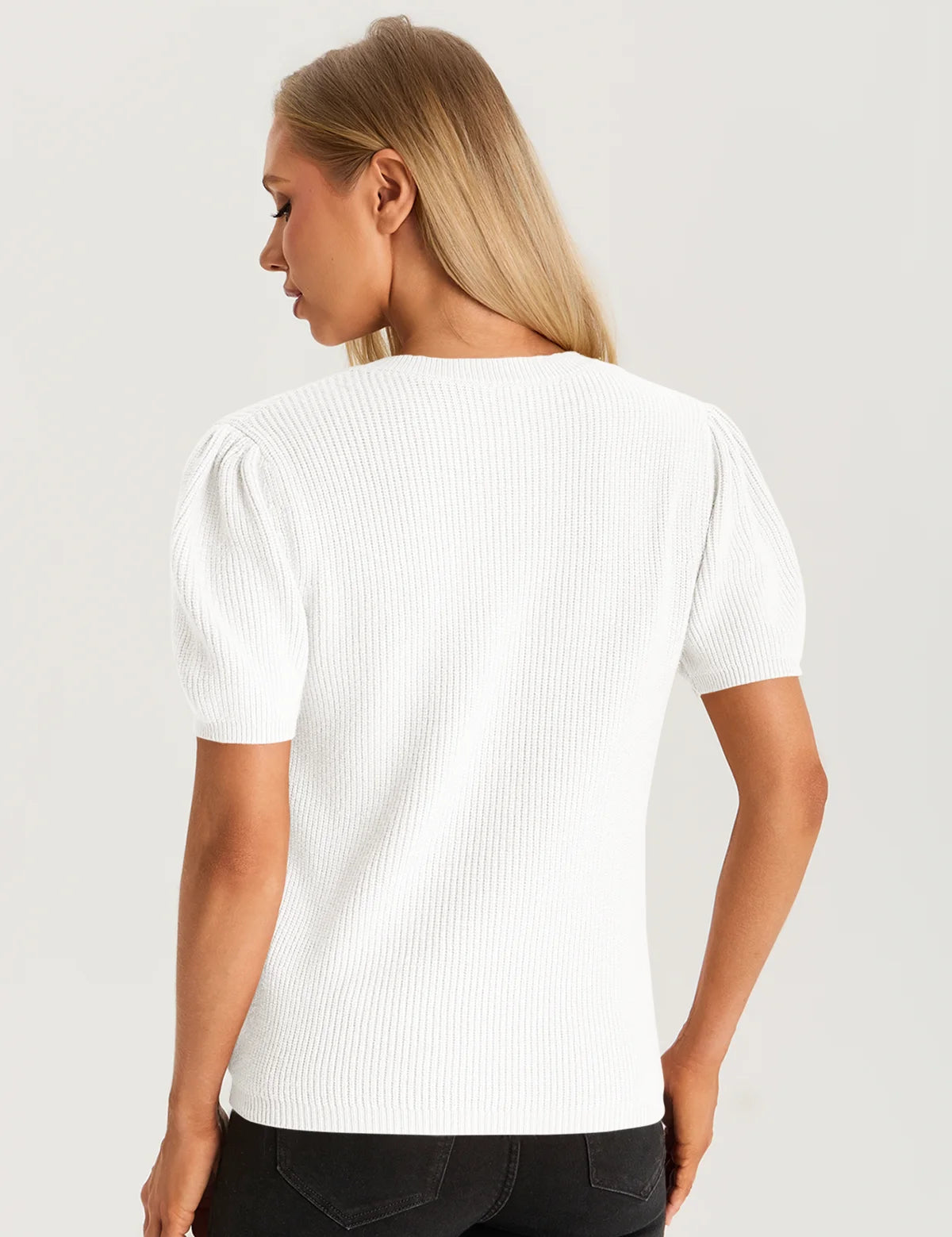 Womens White Puff Short Sleeve Sweater 2