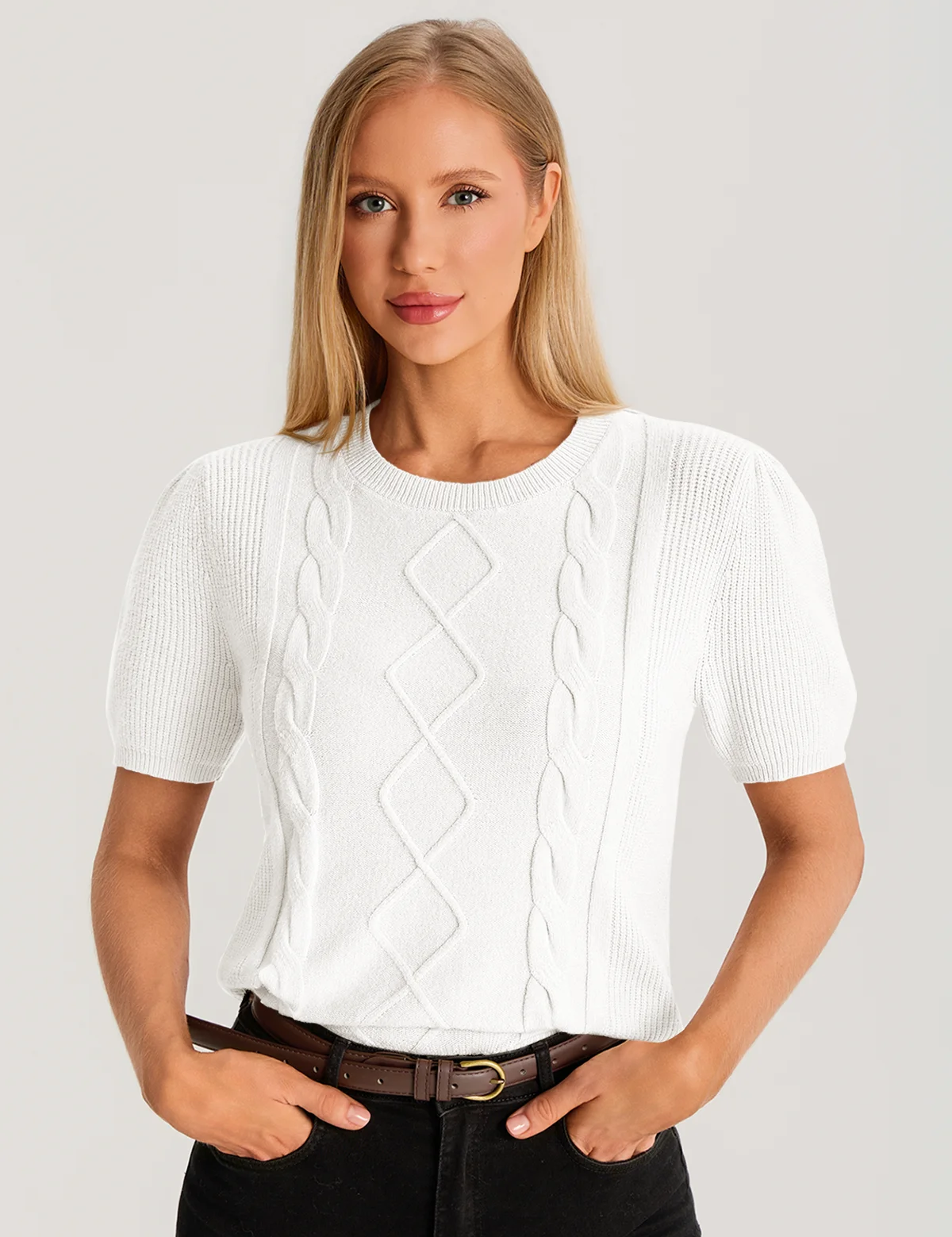 Womens White Puff Short Sleeve Sweater 3