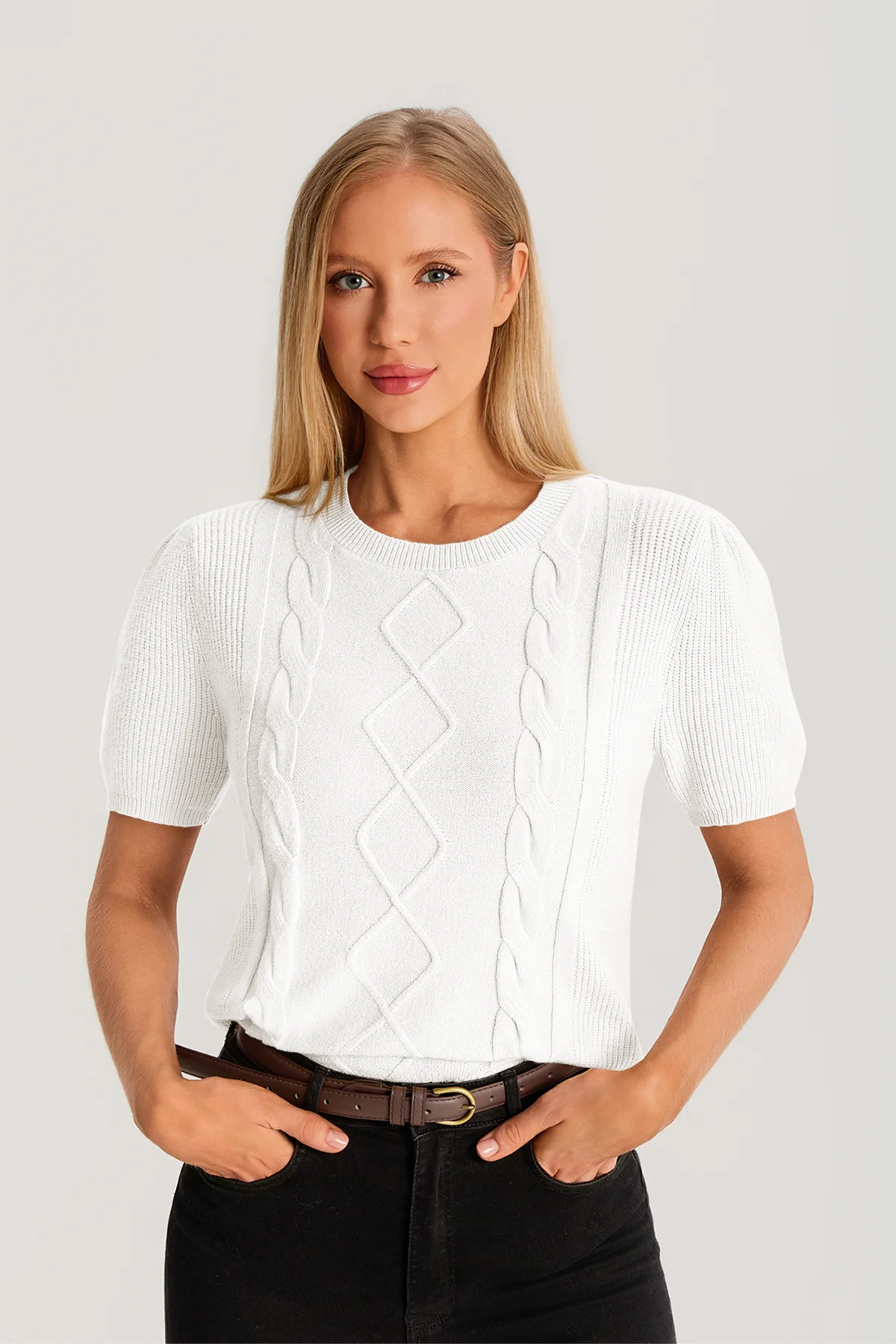 Womens White Puff Short Sleeve Sweater 3