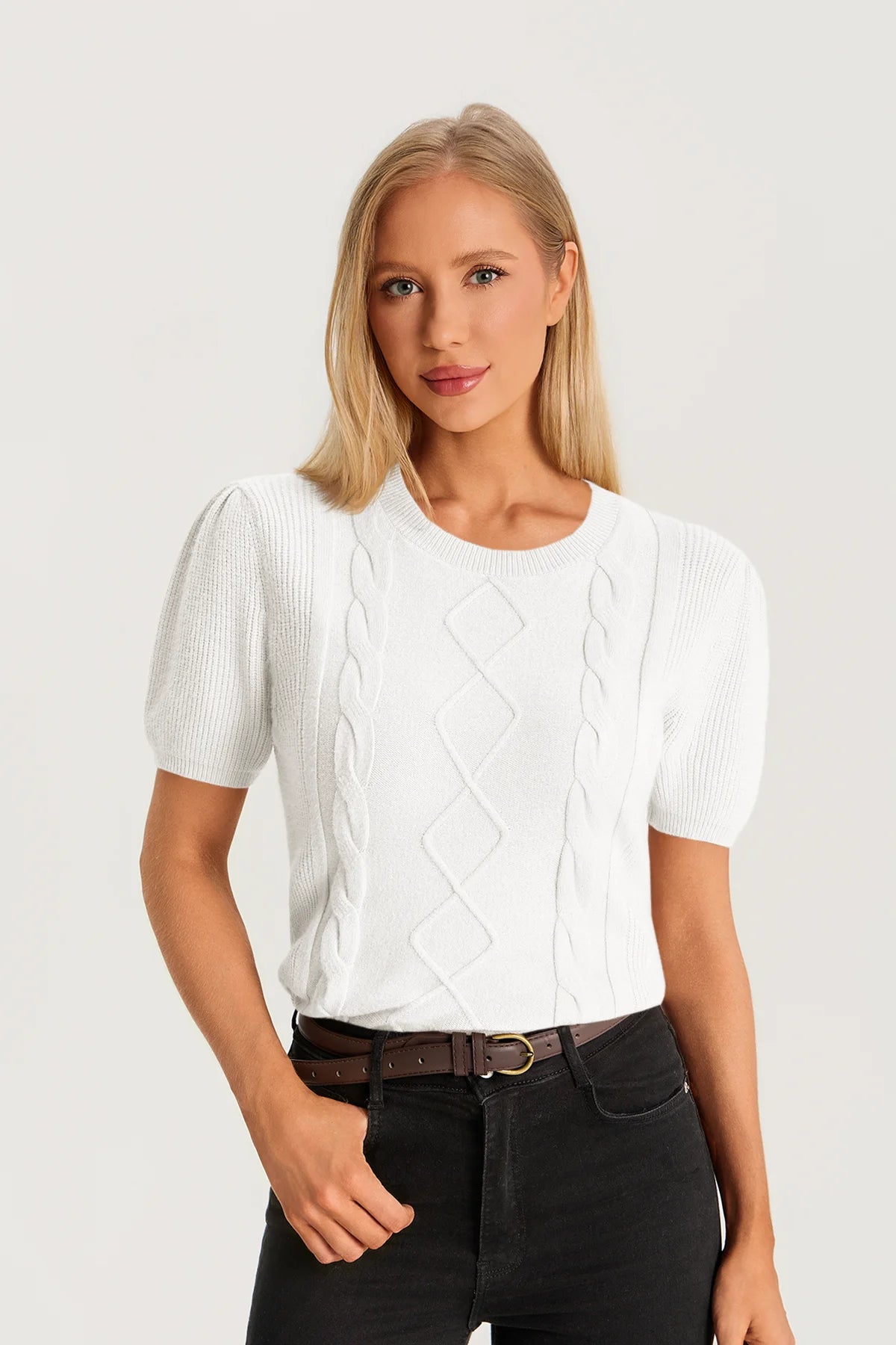 Womens White Puff Short Sleeve Sweater | CicyBell