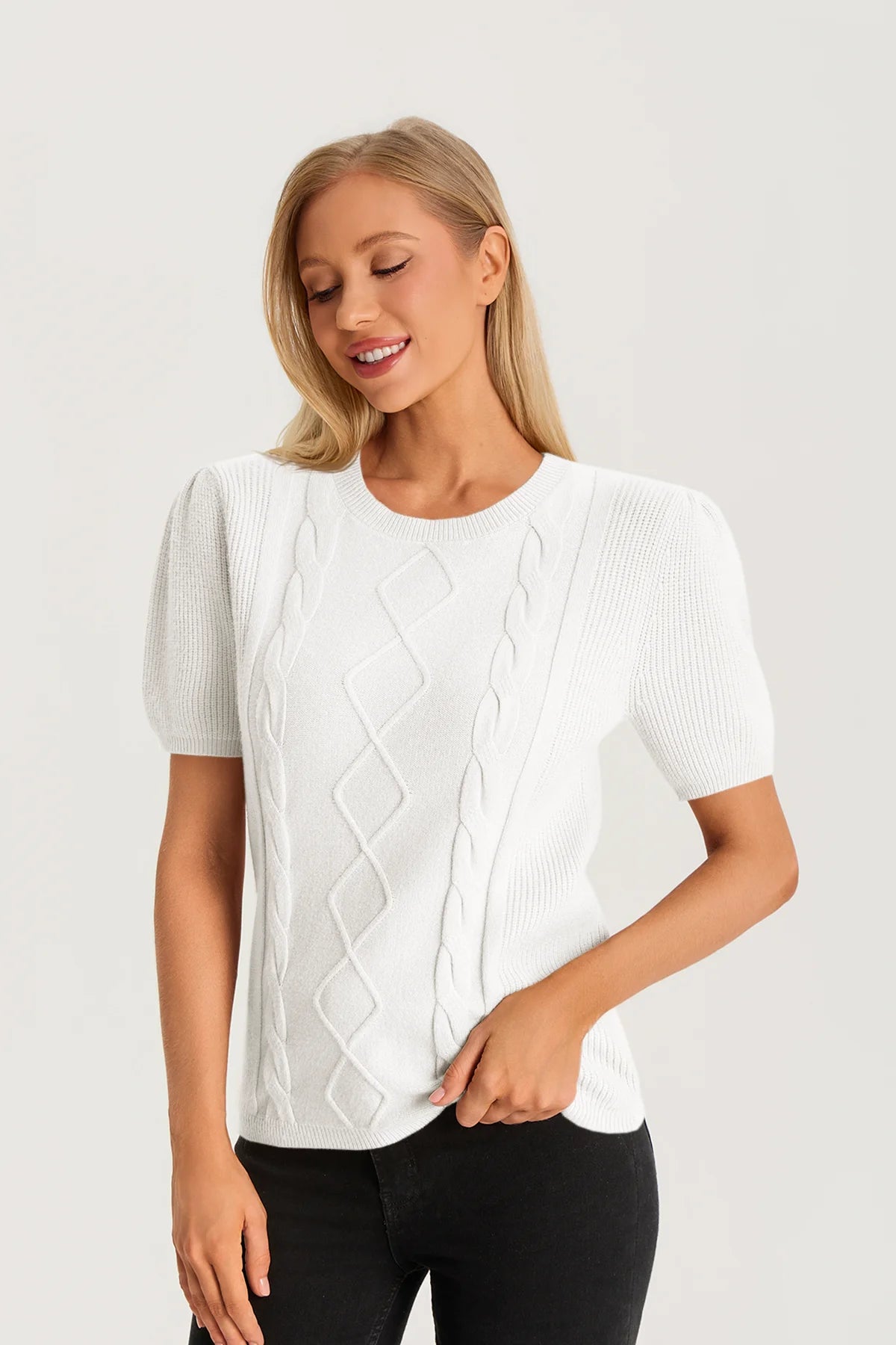 Womens White Puff Short Sleeve Sweater | CicyBell