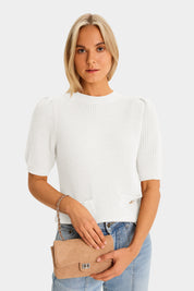 Womens White Puff Short Sleeve Sweaters Tops 1